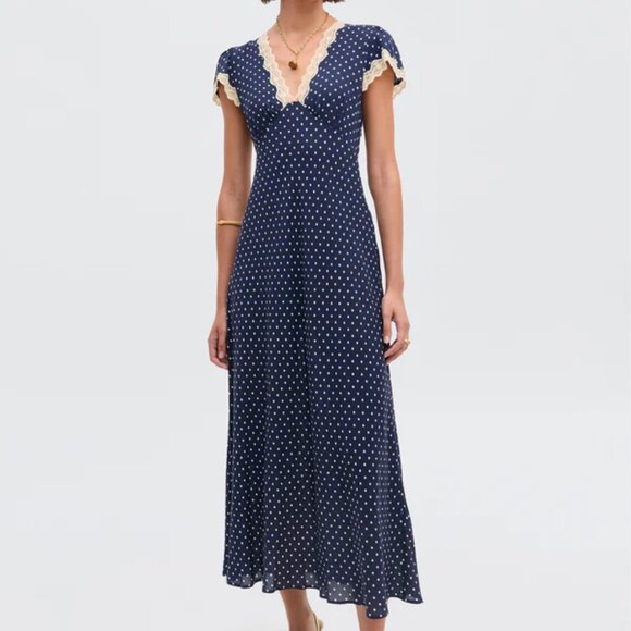 Rixo Clarice Midi Dress - Blue Polka Dot Lace Trim Sz US14 - Picture 1 of 10